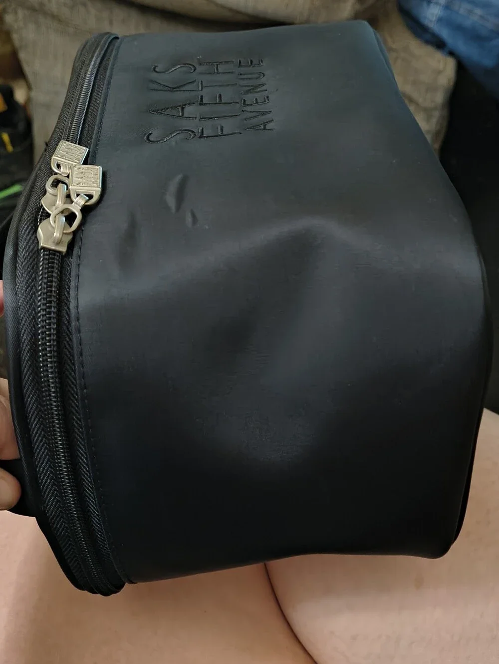 Saks Fifth Avenue brand Black Satin cosmetic bag